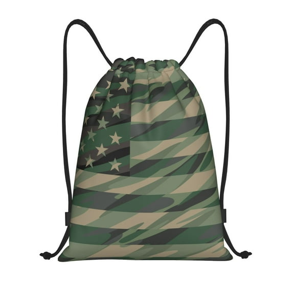 Kdxio Jungle Green Camo USA Flag Print Drawstring Backpack Bag,Waterproof Draw String Back Sack, Gym Drawstring Bags Swim Bag For Unisex