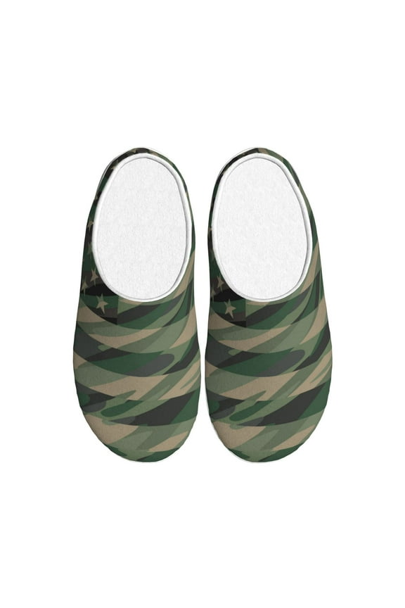 Jungle Green Camo USA Flag Women's Men's Slippers Plush Slip-On House Slipper for Winter Indoor Soft Cushion Non-slip Fluffy Slides Slippers-39/40