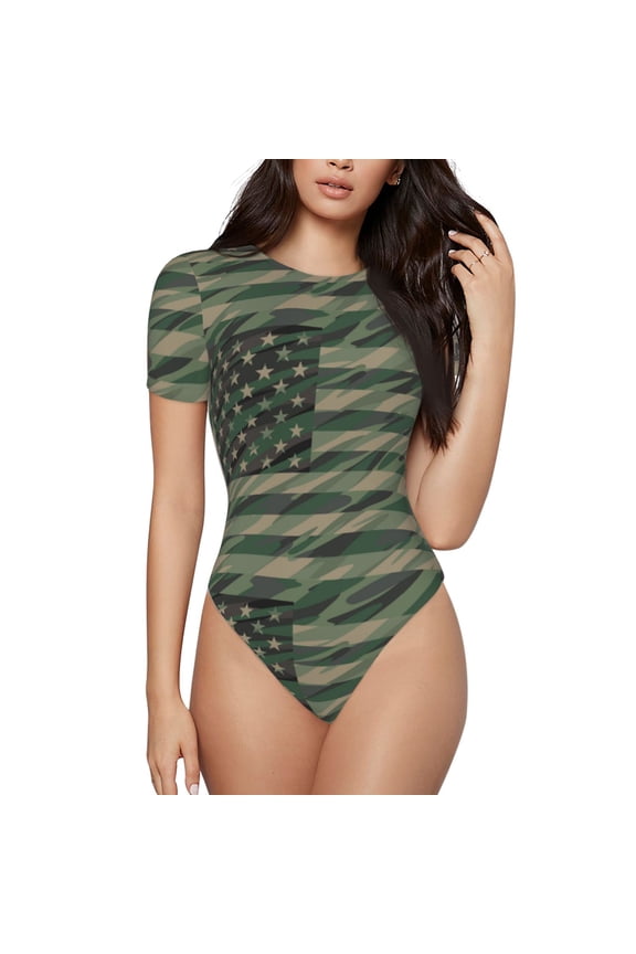 Jungle Green Camo USA Flag for Women's Short-Sleeved Onesie Stylish Round Neck Pajamas Bodysuit Jumpsuit Nightwear-Medium