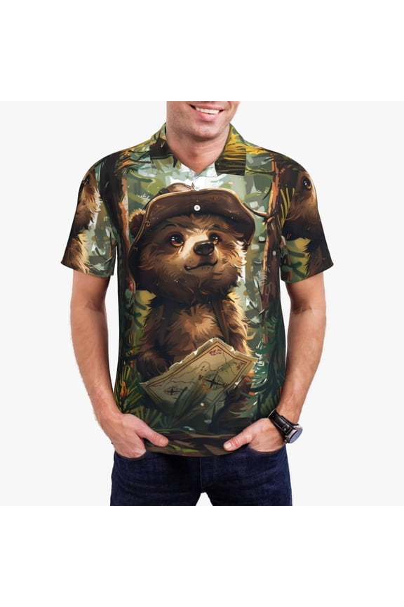 Jungle Hat Bear Print Men's Short Sleeve Polo Shirt,Midweight Men's Shirt