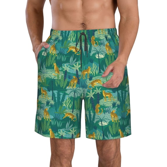 Kdxio Jungle Leopard Pattern Mens Casual Shorts - Drawstring Summer Beach Sports Shorts for Men
