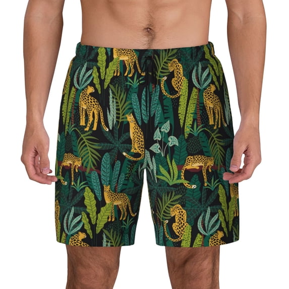 Kdxio Jungle Leopard Yellow Print Men's Swim Trunks with Compression Liner 7 Inch Inseam Quick Dry Swim Shorts