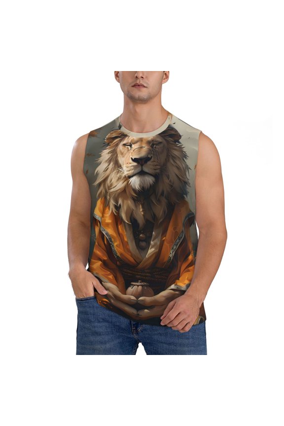 Jungle Meditating Lion for Men's Muscle T-shirt,Sleeveless for Workout Running Athletic Gym Lounge Casual