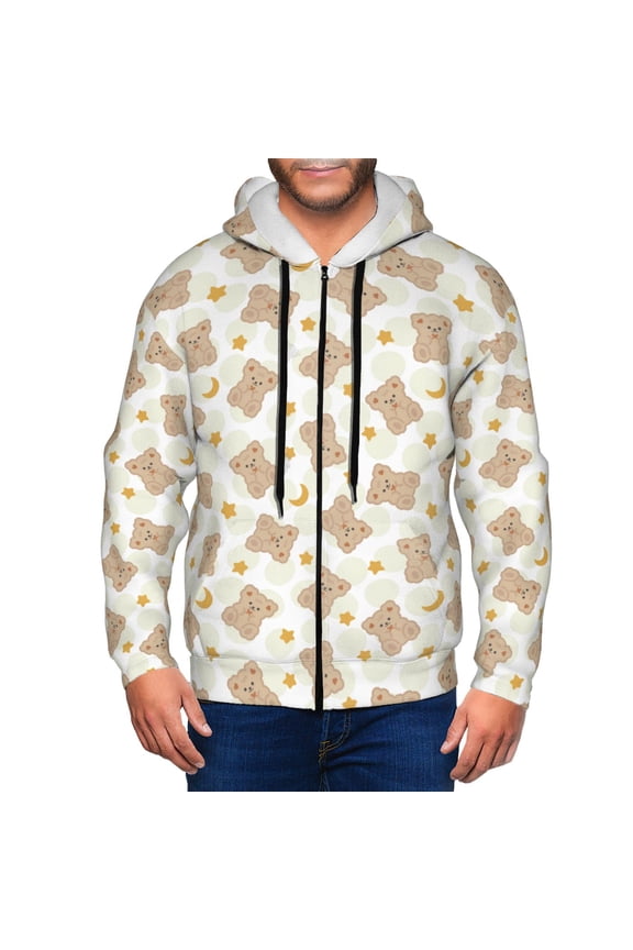 Kawaii Bear Print Men Hoodies Casual Hoodies for Men with Zip Pockets Full Zip Long Sleeve Sweatshirt Sports Hooded Jacket-Large