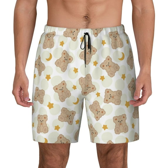 Kdxio Kawaii Bear Print Men's Swim Trunks with Compression Liner 7 Inch Inseam Quick Dry Swim Shorts