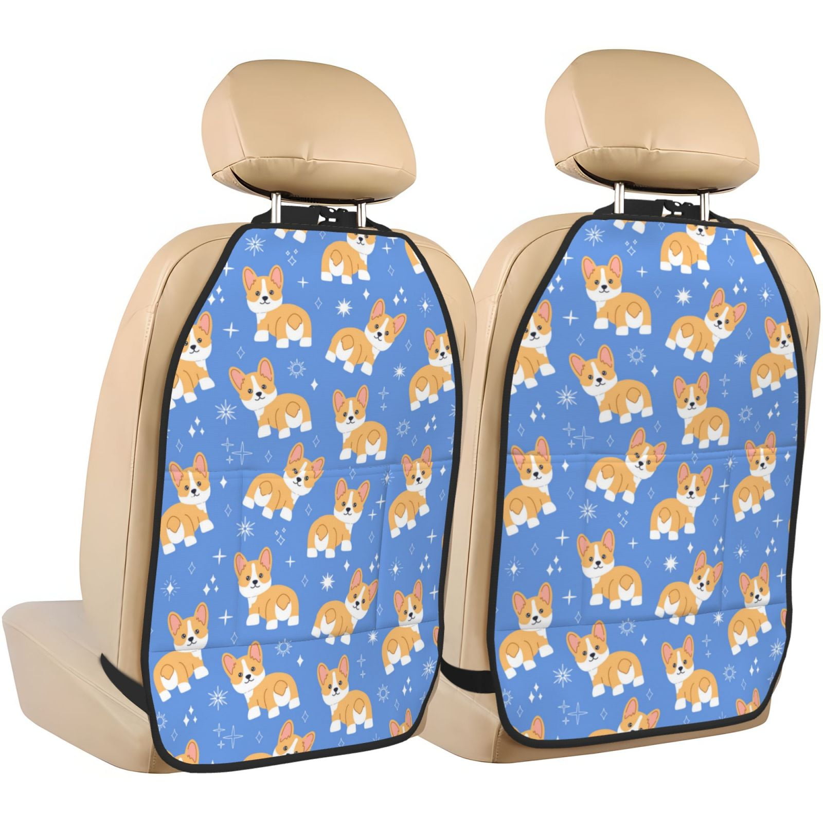 Kdxio Kawaii Corgi Print 2 Pack Car Kick Mat Seat Cover Back Protector Mat with Pockets for Organizer Backseat Protector and Storage Anti Kick Pad for Vehicles