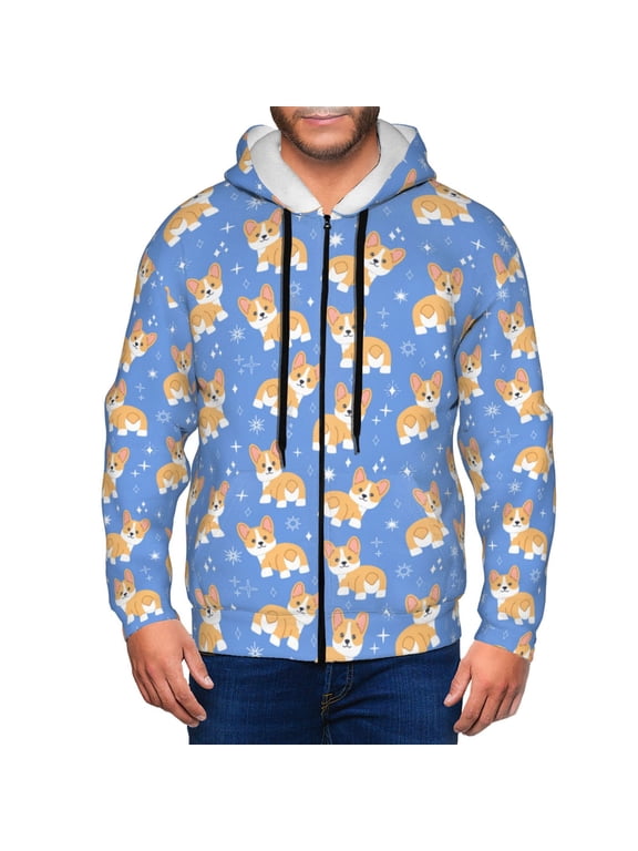 Kawaii Corgi Print Men Hoodies Casual Hoodies for Men with Zip Pockets Full Zip Long Sleeve Sweatshirt Sports Hooded Jacket-Medium