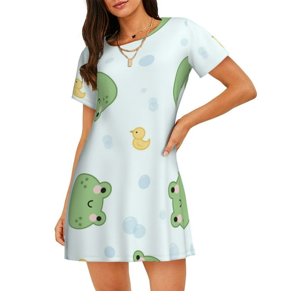 Kdxio Kawaii Frogs Pattern Womens Short Sleeve Sleepshirt Scoopneck Cute Nightdress Ruffle Comfy Nightgown
