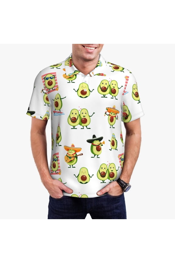 Kawaii Mexican Avocado Print Men's Short Sleeve Polo Shirt,Midweight Men's Shirt