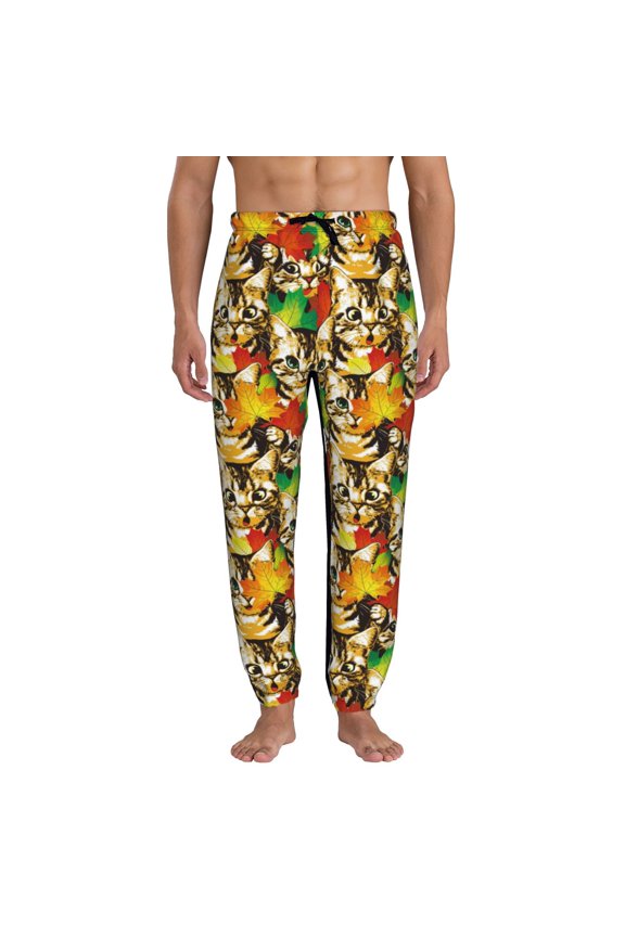 Kittens With Maple Leaves Pattern Joggers,Sweatpants for Men with Pockets-3X-Large