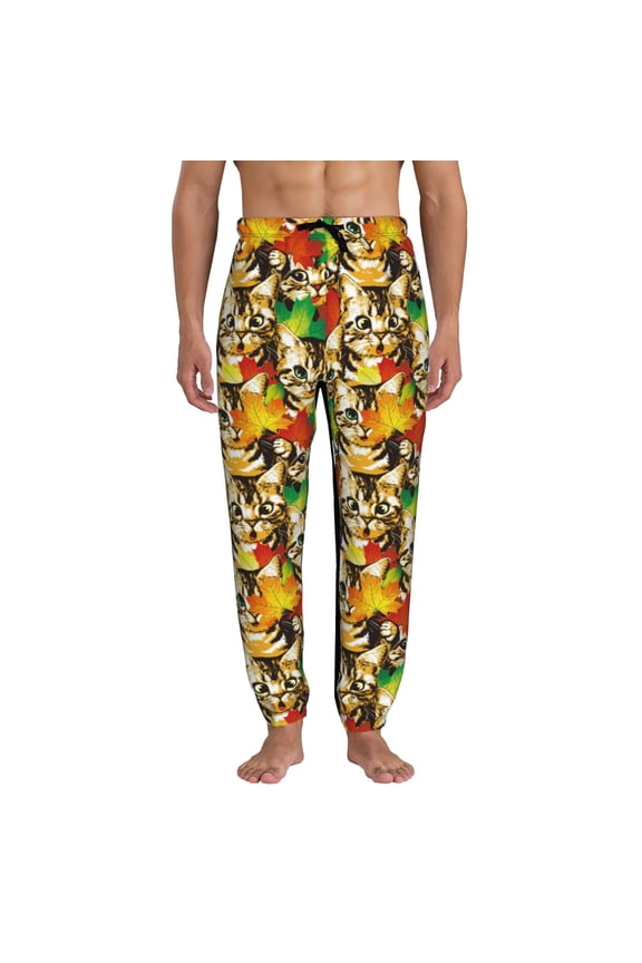Kittens With Maple Leaves Pattern Joggers,Sweatpants for Men with Pockets-Large