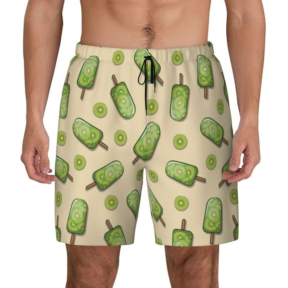 Kdxio Kiwi Ice Cream Print Men's Swim Trunks with Compression Liner 7 Inch Inseam Quick Dry Swim Shorts