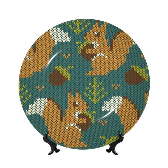 Kdxio Knitted Woodland Squirrel Bone China Decorative Plate Ceramic Decorative Plate for Home Office Wall Stand Decorative Plates for Home Bedroom-8in