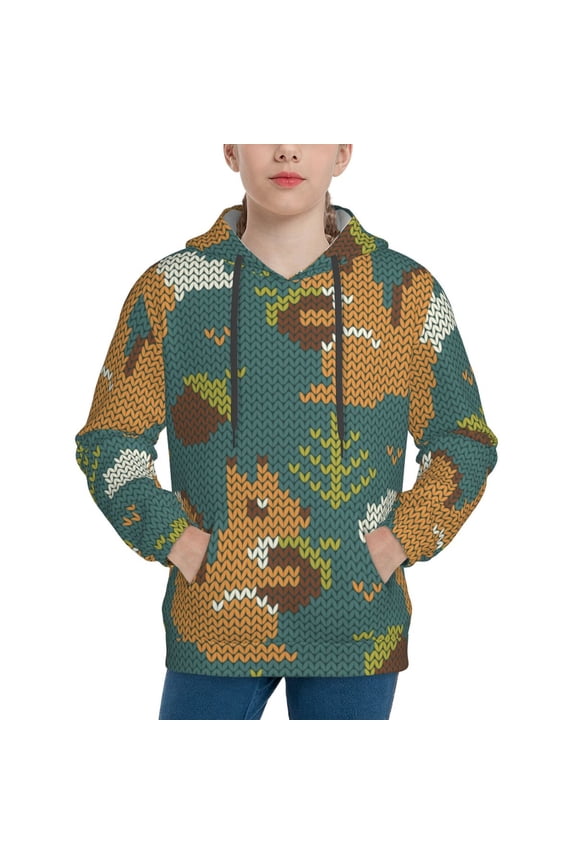 Knitted Woodland Squirrel Pattern Boys Athletic Unisex Boys Girls Hoodie with Pocket Sweatshirts-Small