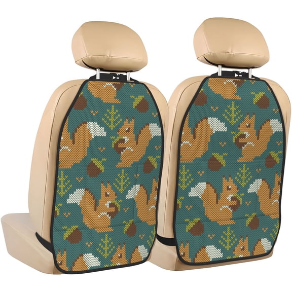 Kdxio Knitted Woodland Squirrel Print 2 Pack Car Kick Mat Seat Cover Back Protector Mat with Pockets for Organizer Backseat Protector and Storage Anti Kick Pad for Vehicles