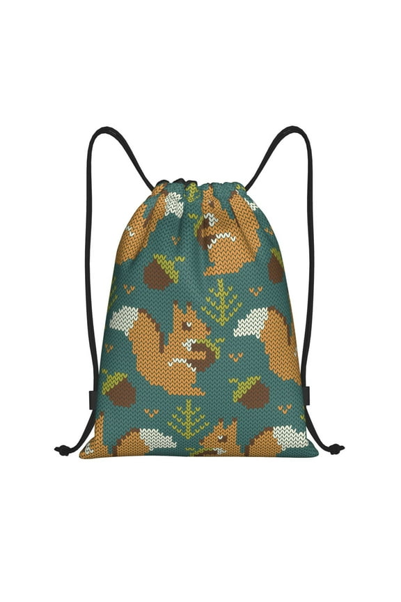 Knitted Woodland Squirrel Print Drawstring Backpack Bag,Waterproof Draw String Back Sack, Gym Drawstring Bags Swim Bag For Unisex