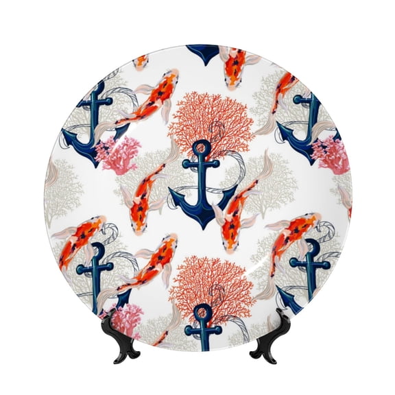 Kdxio Koi Fish And Corals Bone China Decorative Plate Ceramic Decorative Plate for Home Office Wall Stand Decorative Plates for Home Bedroom-8in