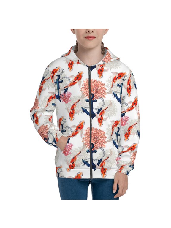 Koi Fish And Corals Pattern Kids Boys Girls Zip Up Hoodie 3D Printed Hooded Sweatshirt Hoody Coat with Pocket 7-12 Y-Medium
