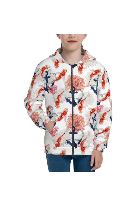 Koi Fish And Corals Pattern Kids Boys Girls Zip Up Hoodie 3D Printed Hooded Sweatshirt Hoody Coat with Pocket 7-12 Y-Medium