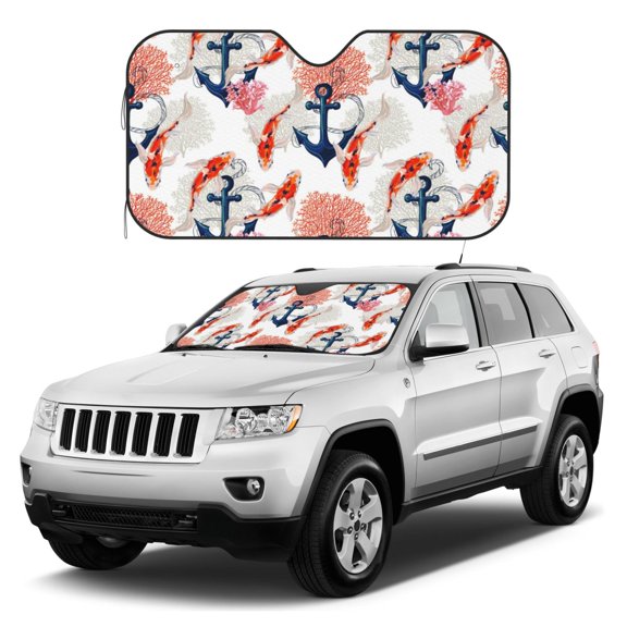 Kdxio Koi Fish And Corals Print Windshield Sun Shade, Foldable Sun Blocker for Car,Truck,SUV Automotive Interior Sun Protection,Reflective Shade for Front Windshield(Medium)