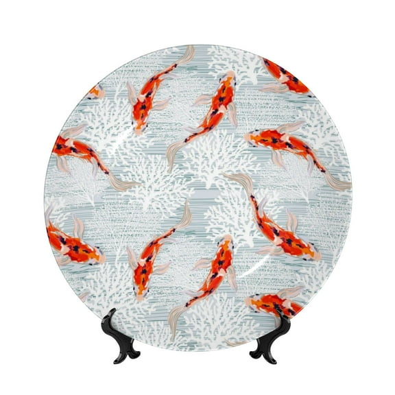Kdxio Koi Fish Corals,Spring Summer Bone China Decorative Plate Ceramic Decorative Plate for Home Office Wall Stand Decorative Plates for Home Bedroom-8in