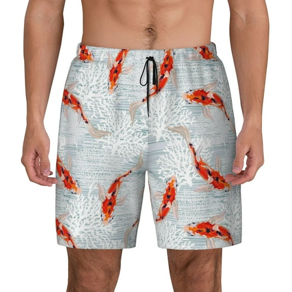 Kdxio Koi Fish Corals,Spring Summer Print Men's Swim Trunks with Compression Liner 7 Inch Inseam Quick Dry Swim Shorts