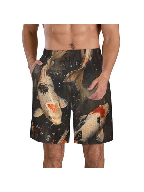Koi Fish Tranquility Pattern Mens Casual Shorts - Drawstring Summer Beach Sports Shorts for Men