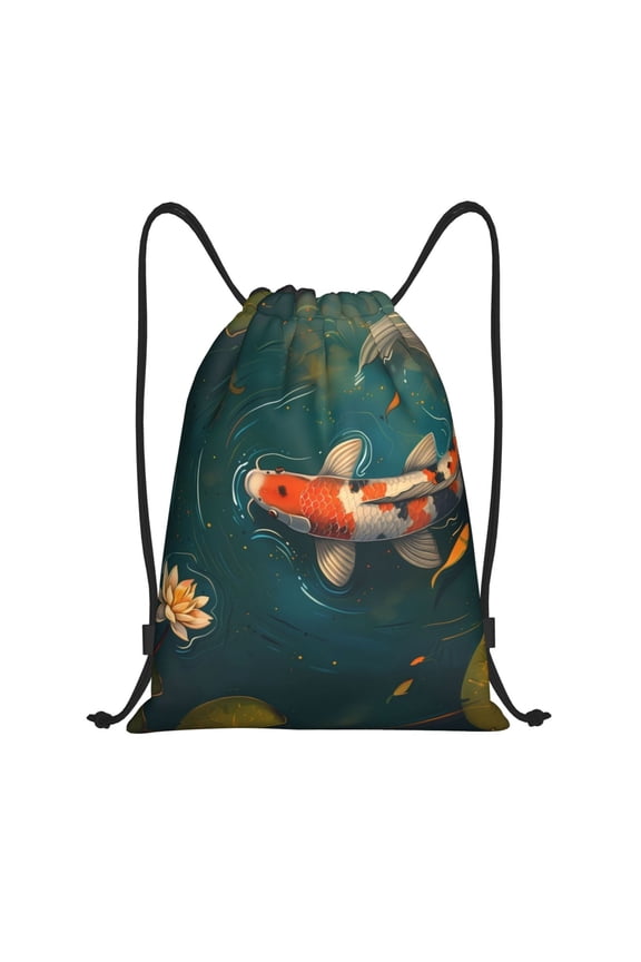 Koi Pond Lilies Print Drawstring Backpack Bag,Waterproof Draw String Back Sack, Gym Drawstring Bags Swim Bag For Unisex