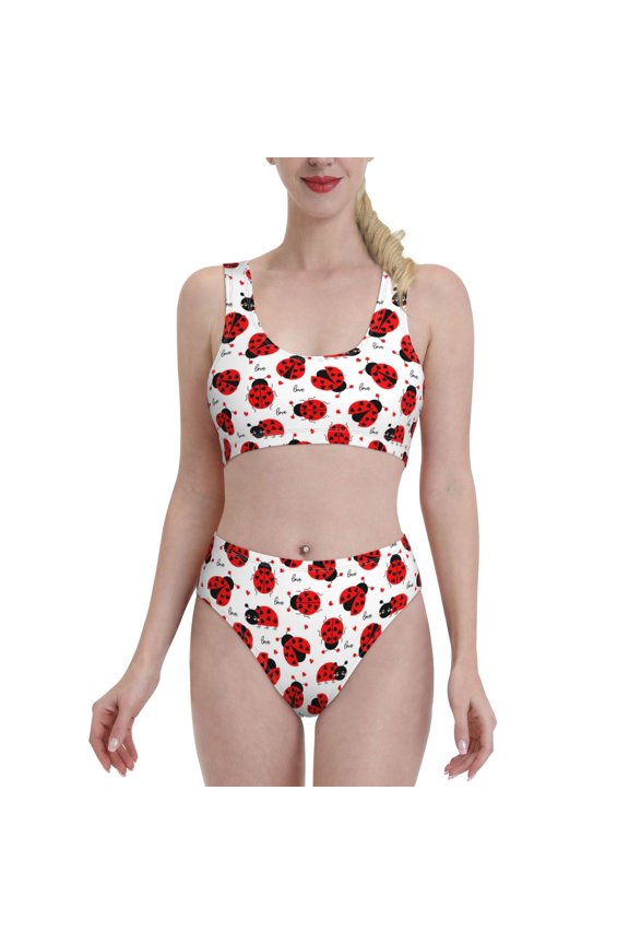 Ladybug And Heart for Womens High Waisted Bikini Top Sports Style Two Piece Bathing Suits