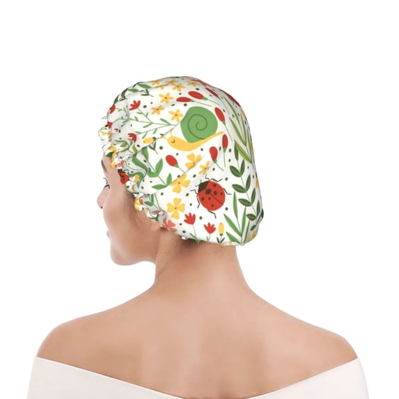 Kdxio Ladybug And Wild Flowers Print Shower Cap for Women,Elastic and Reusable,Double Waterproof Layers Bathing Hat