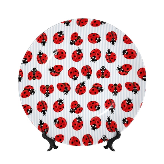 Kdxio Ladybug On Blue Stripes Bone China Decorative Plate Ceramic Decorative Plate for Home Office Wall Stand Decorative Plates for Home Bedroom-8in