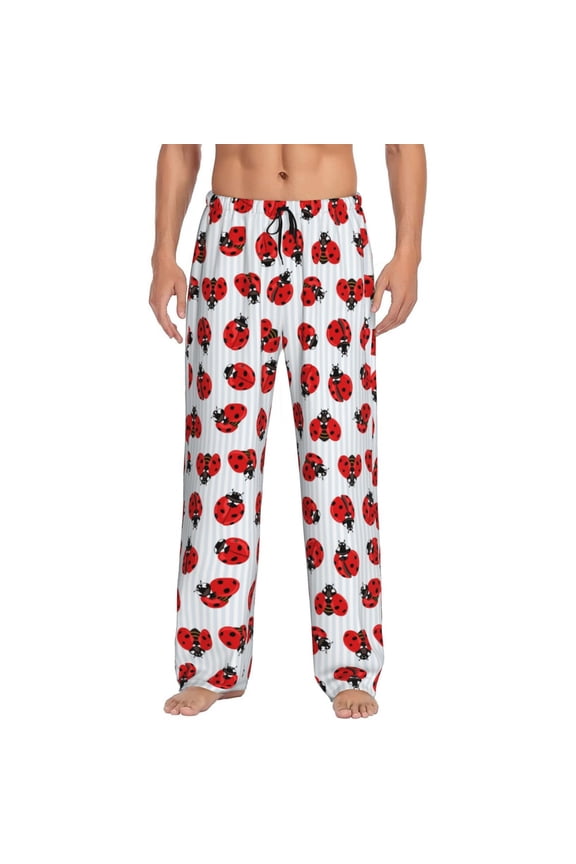Ladybug On Blue Stripes Print Men's Sleep Pajama Pant Lounge Pants with Pockets-X-Large