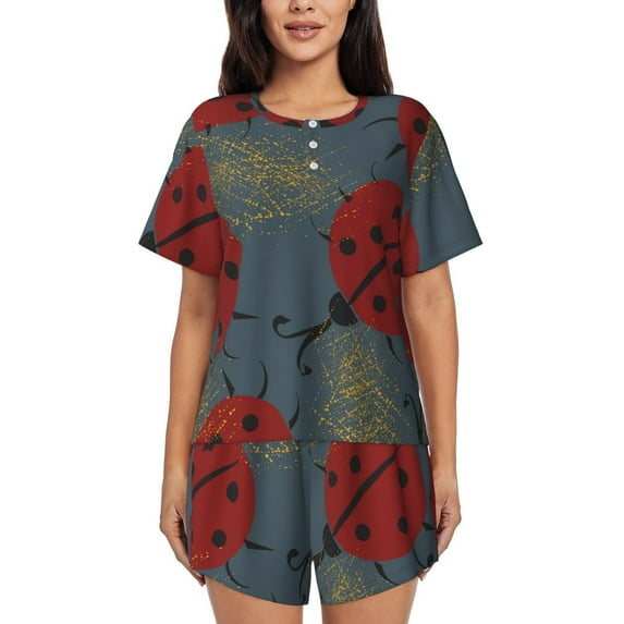 Kdxio Ladybug Print Pajamas Sets for Women Short-Sleeved Pjs with Lounge Shorts Two Piece Sleepwear S-4XL