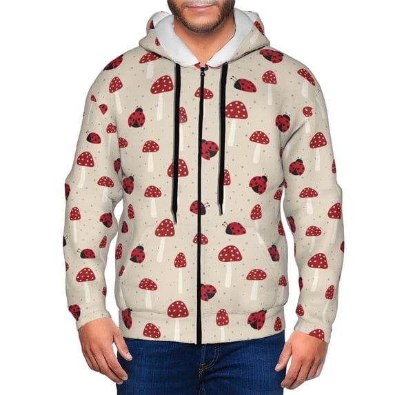 Kdxio Ladybug With Mushroom Print Men Hoodies Casual Hoodies for Men with Zip Pockets Full Zip Long Sleeve Sweatshirt Sports Hooded Jacket-XX-Large