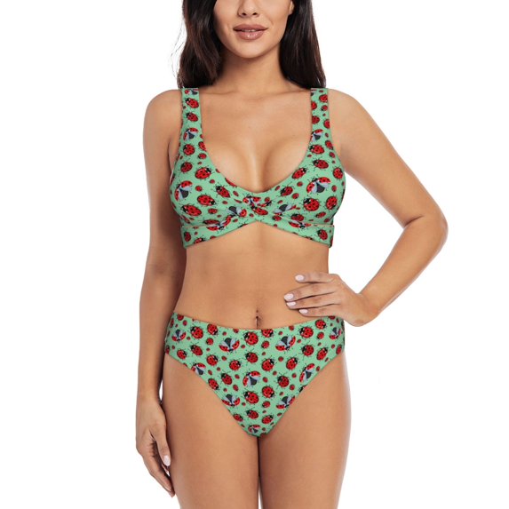 Kdxio Ladybugs 3 Print Women's 2 Piece High Waisted Wrap Spaghetti Strap Summer Swimsuit Bikini Set-Large