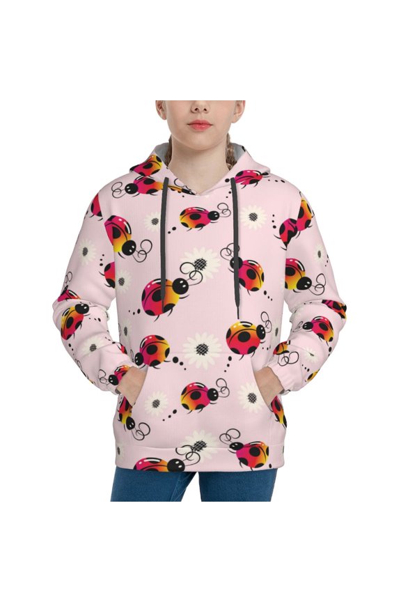 Ladybugs And Flower Pattern Boys Athletic Unisex Boys Girls Hoodie with Pocket Sweatshirts-Large