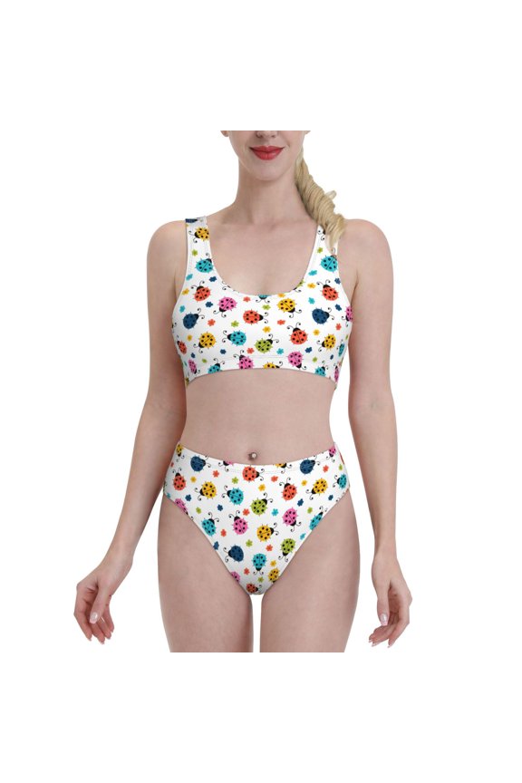 Ladybugs And Flowers for Womens High Waisted Bikini Top Sports Style Two Piece Bathing Suits