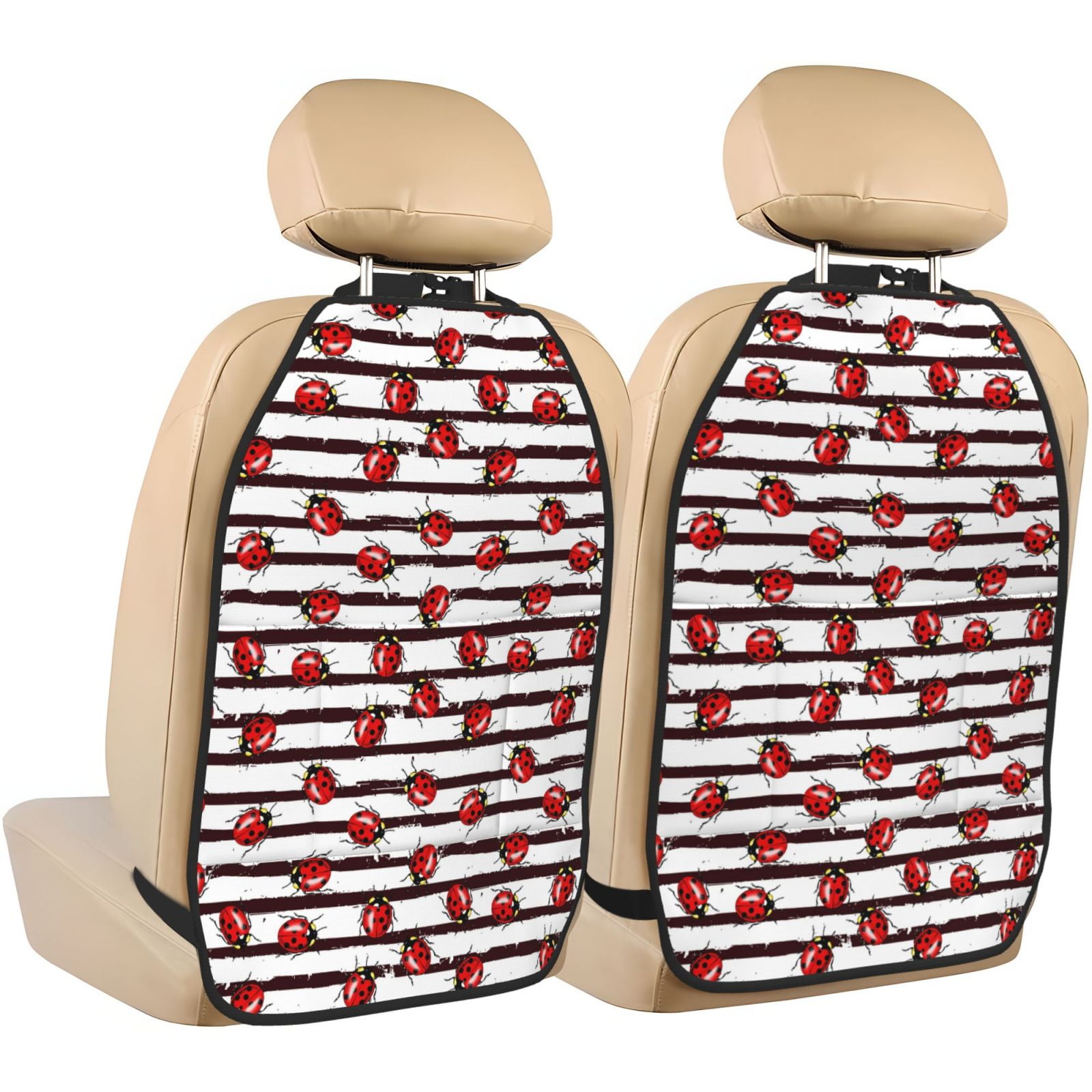 Kdxio Ladybugs on Black and White Striped1 Print 2 Pack Car Kick Mat Seat Cover Back Protector Mat with Pockets for Organizer Backseat Protector and Storage Anti Kick Pad for Vehicles