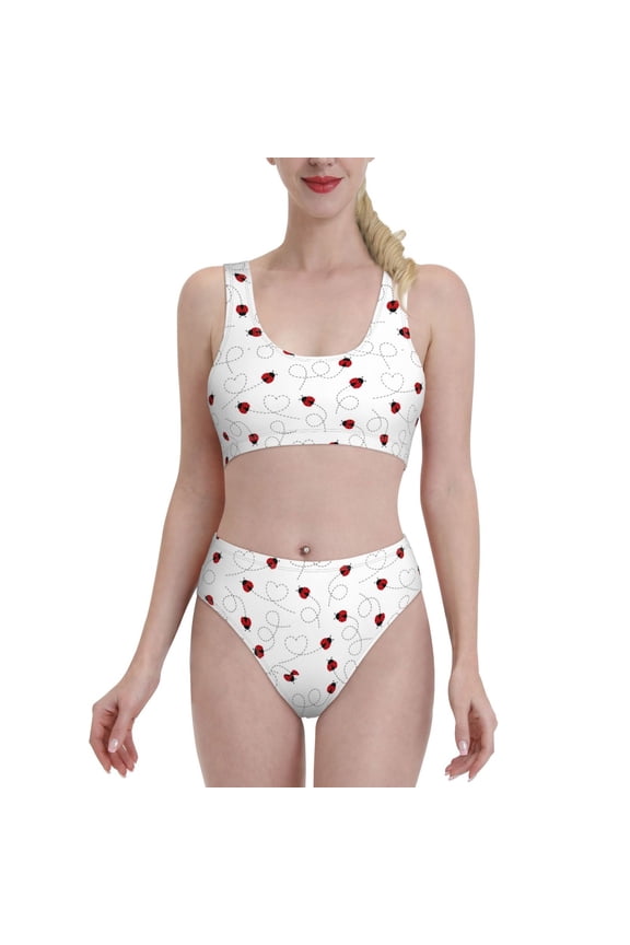 Ladybugs Flying On Dotted Route for Womens High Waisted Bikini Top Sports Style Two Piece Bathing Suits