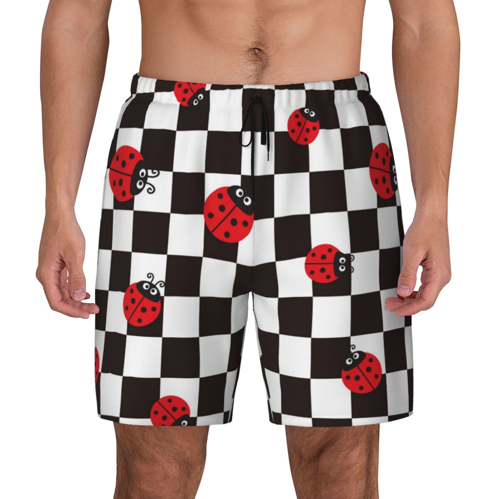 Kdxio Ladybugs Of Black And White Checkers Print Men's Swim Trunks with