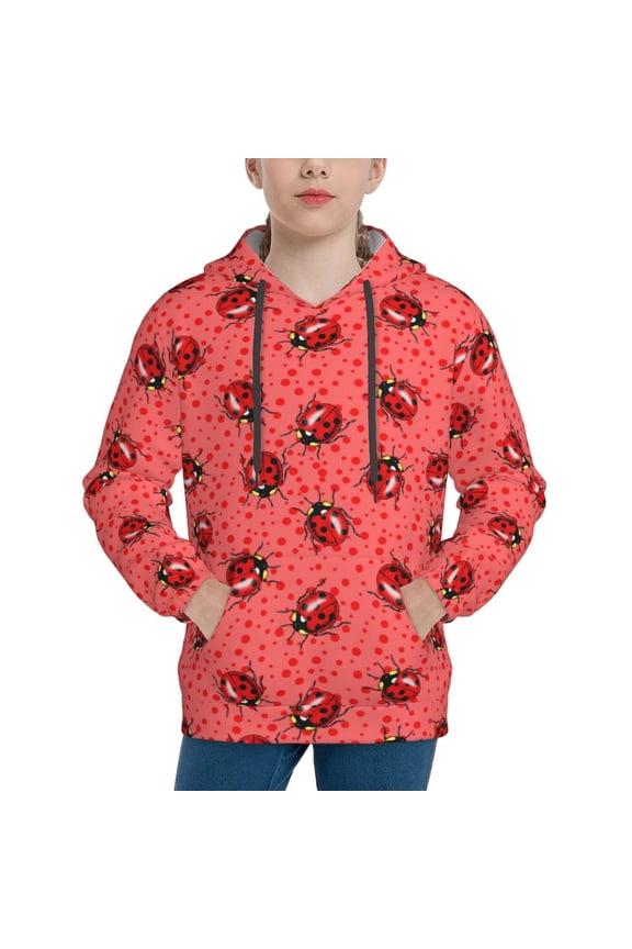 Ladybugs On Red Polka Dot Pattern Boys Athletic Unisex Boys Girls Hoodie with Pocket Sweatshirts-Large
