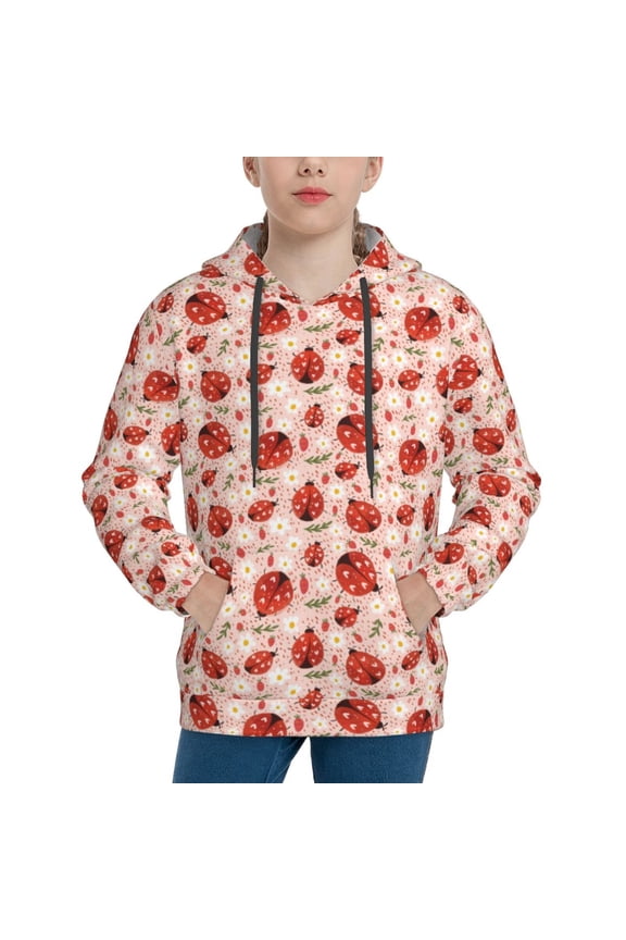 Ladybugs With Heart Spots Pattern Boys Athletic Unisex Boys Girls Hoodie with Pocket Sweatshirts-Large