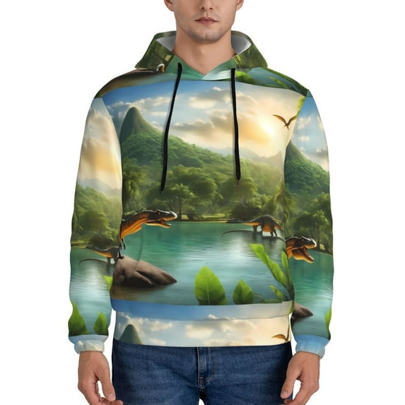 Kdxio Lake Forest Dinosaur Print Mens Casual Hooded Collar Drawstring Hoodies Pullover Sweatshirts Casual Long Sleeve Shirts-X-Large