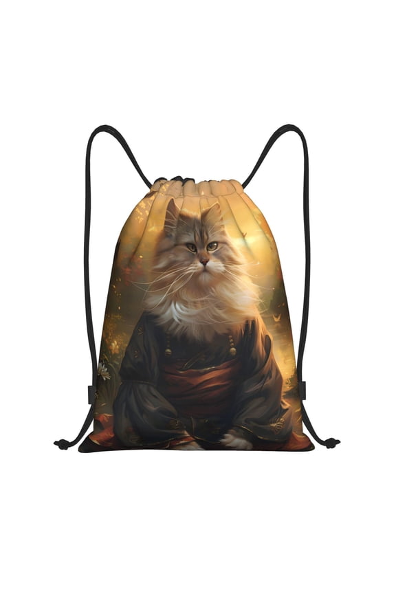 Lakeside Flower Field Cat Print Drawstring Backpack Bag,Waterproof Draw String Back Sack, Gym Drawstring Bags Swim Bag For Unisex