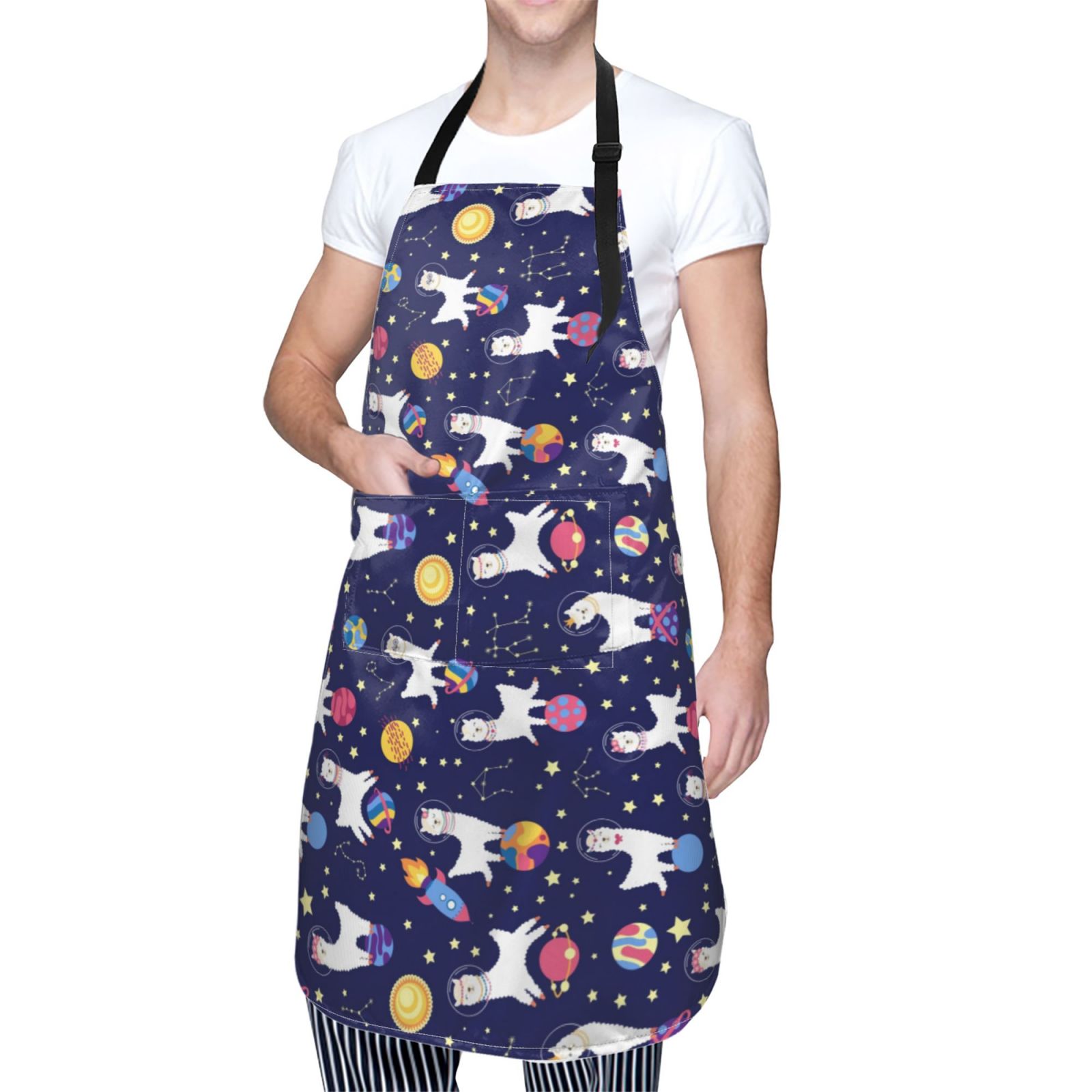 Kdxio Lama in Space Apron with Pockets Adjustable Kitchen Aprons for Men Women Waterproof Aprons for Cooking,Drawing,Crafting, Baking Household Cleaning