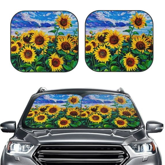 Kdxio Landscape With Sunflowers Print 2-Piece Sun Shade Front Windshield - Foldable Car Front Window Sunshades For Most Sedans Suv Truck