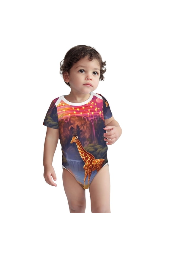 Lantern Giraffes Magical Forest Pattern Unisex Baby Cotton Short Sleeve Bodysuits-18 Months
