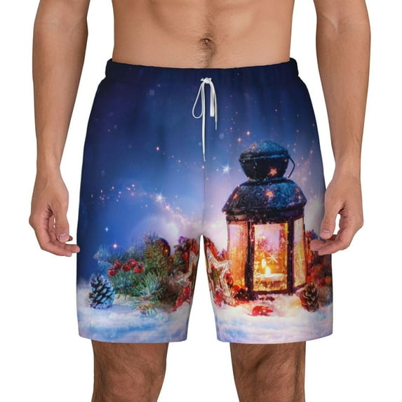 Kdxio Lantern On Snow Print Men'S Swim Trunks With Compression Liner 7 Inch Inseam Quick Dry Swim Shorts