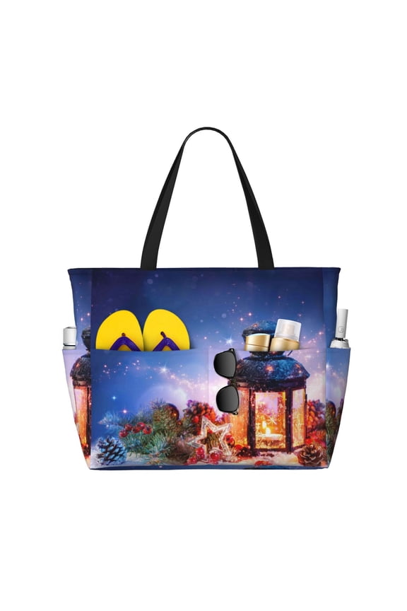 Lantern On Snow With Christmas for Beach Bag for Women Large Beach Tote Bag Waterproof Sandproof Swim Bag with Zipper Pockets Beach Vacation Travel