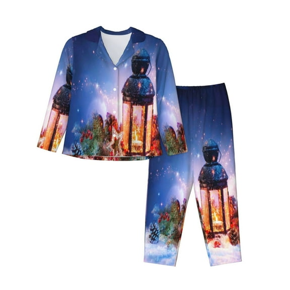 Kdxio Lantern On Snow With Christmas Women's Pajama Sets Long Sleeve Button Down Sleepwear Nightwear Soft Pjs Lounge Sets-Large
